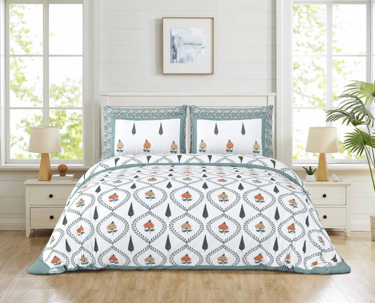 White-Sea Green Orange Floral Jaali Print Pure Cotton Double Bedsheet  Elegant Ethnic Design