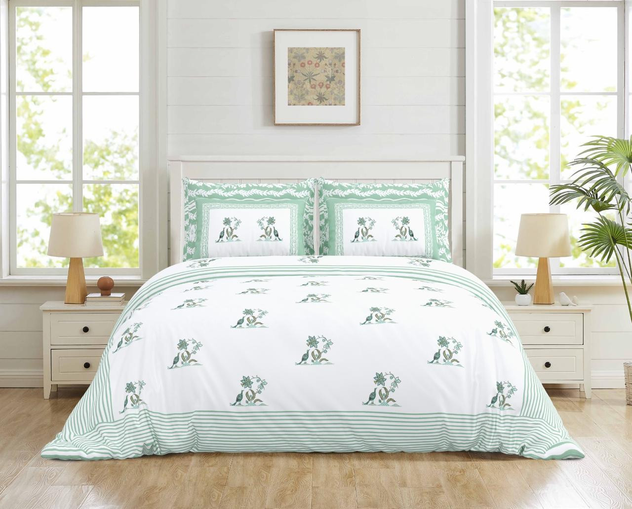 Fresh Lime Peacock Motif Pure Cotton Double Bedsheet - 100108 Inches