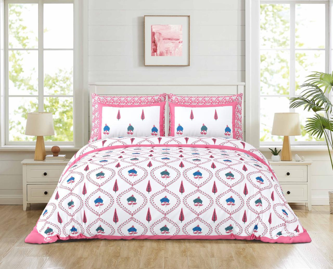 White-Pink Blue Floral Jaali Print Pure Cotton Double Bedsheet  Bright  Graceful Ethnic Style