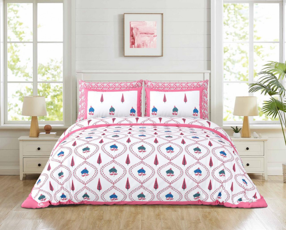 Image of White-Pink Blue Floral Jaali Print Pure Cotton Double Bedsheet – Bright &amp; Graceful Ethnic Style