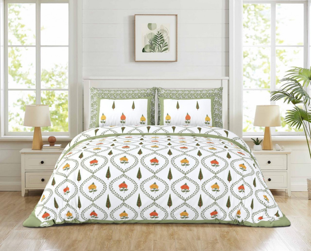 Image of White-Green Yellow Floral Jaali Print Pure Cotton Double Bedsheet – Fresh Traditional Elegance