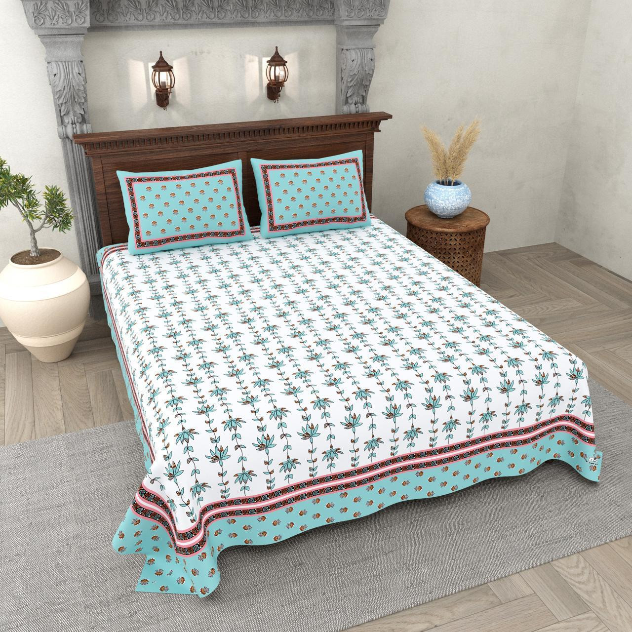 Floral Vine Print Cotton Double Bedsheet White with Aqua Blue Border