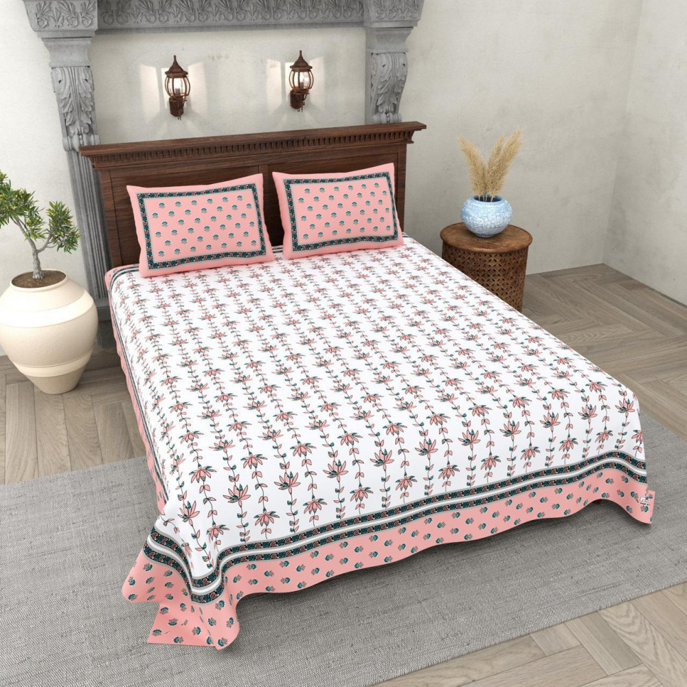 Image of Floral Vine Print Cotton Double Bedsheet White with Peach Pink Border