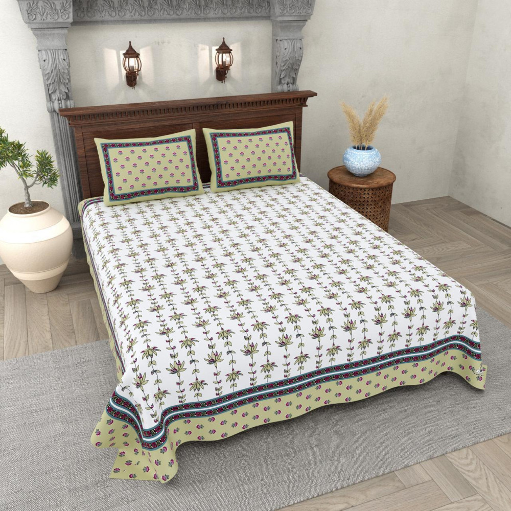 Image of Floral Vine Print Cotton Double Bedsheet White with Olive Green Border