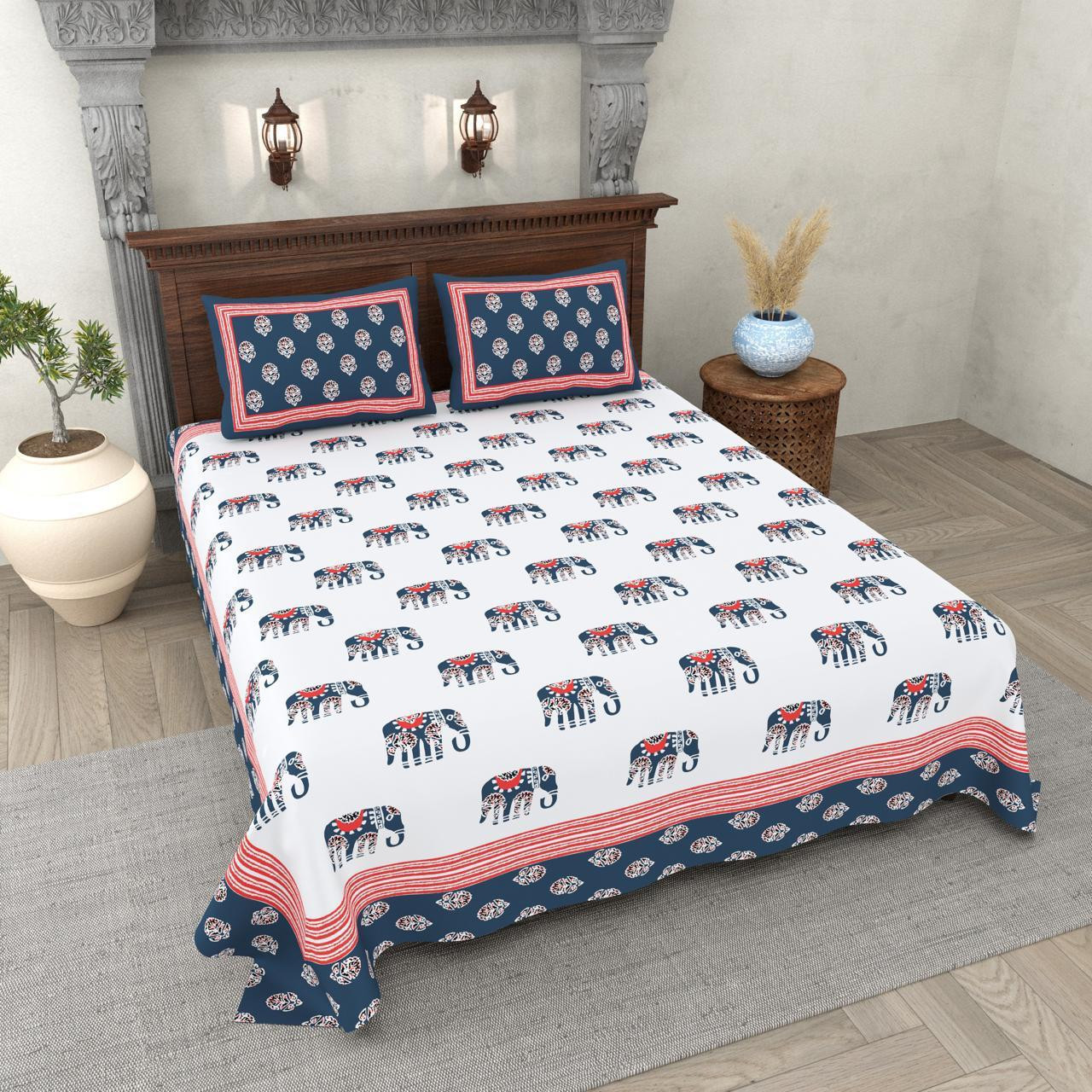 Royal Elephant Print Cotton Double Bedsheet White with Navy Blue  Red Border
