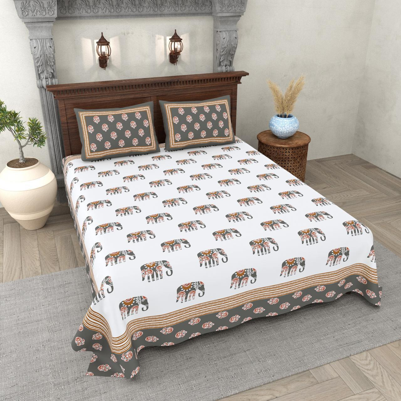 Ethnic Elephant Print Cotton Double Bedsheet White with Grey  Brown Border