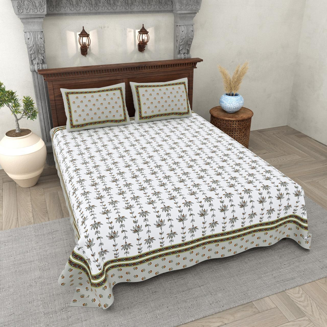 Floral Vine Print Cotton Double Bedsheet White with Olive Green Ethnic Border