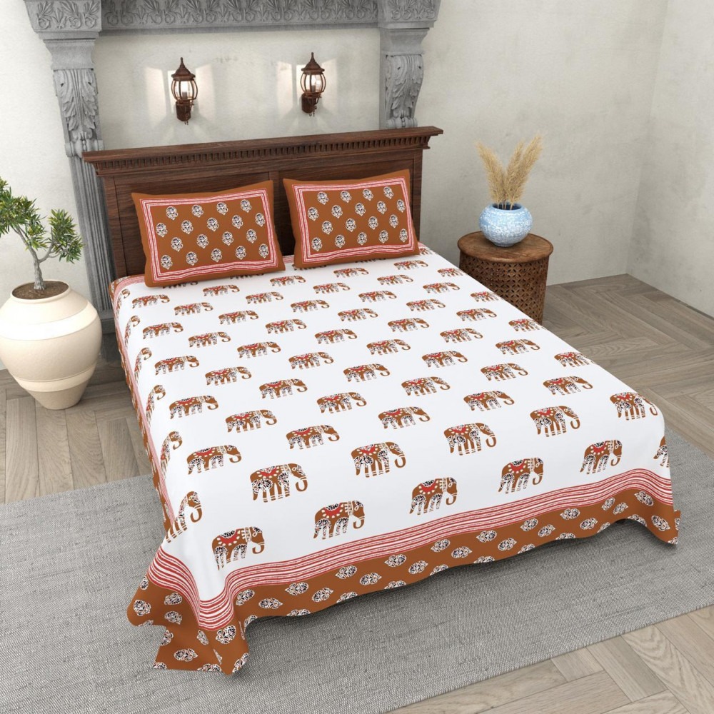 Image of Ethnic Elephant Print Cotton Double Bedsheet White with Brown Traditional Border