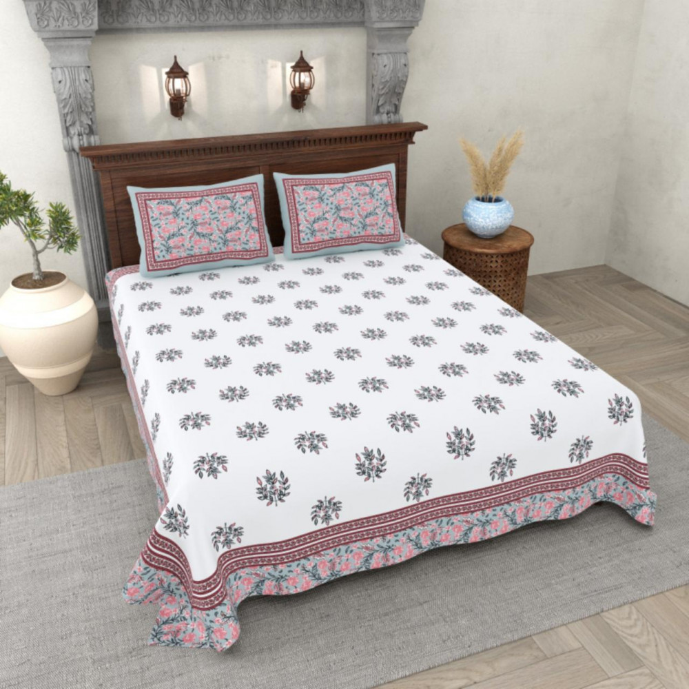 Image of Floral Print Cotton Double Bedsheet White with Pink Border Traditional Design