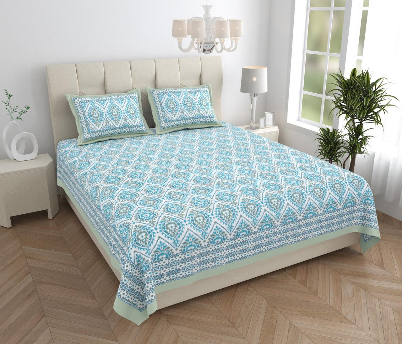 Seafoam Blue Ikat Print Cotton Double Bedsheet with 2 Pillow Covers