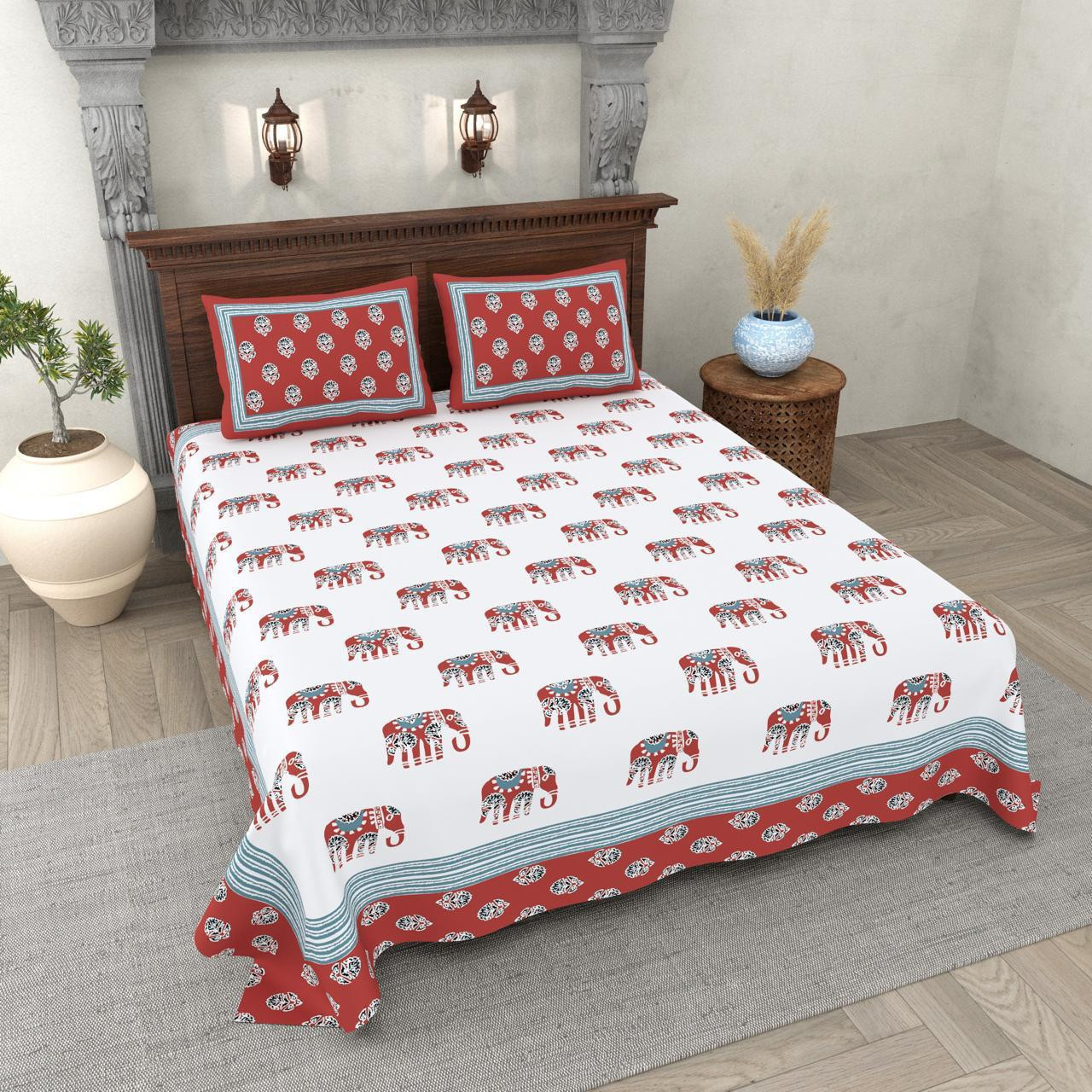 Elephant Print Cotton Double Bedsheet White with Red Border Traditional Design