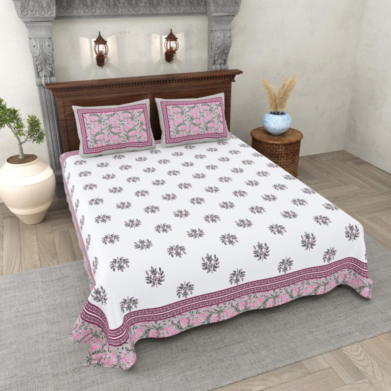 Floral Print Cotton Double Bedsheet White with Blush Pink Border Elegant Design