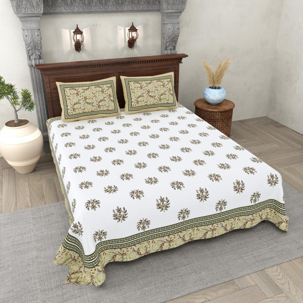 Image of Floral Print Cotton Double Bedsheet White with Olive Green Border Elegant Traditional Design