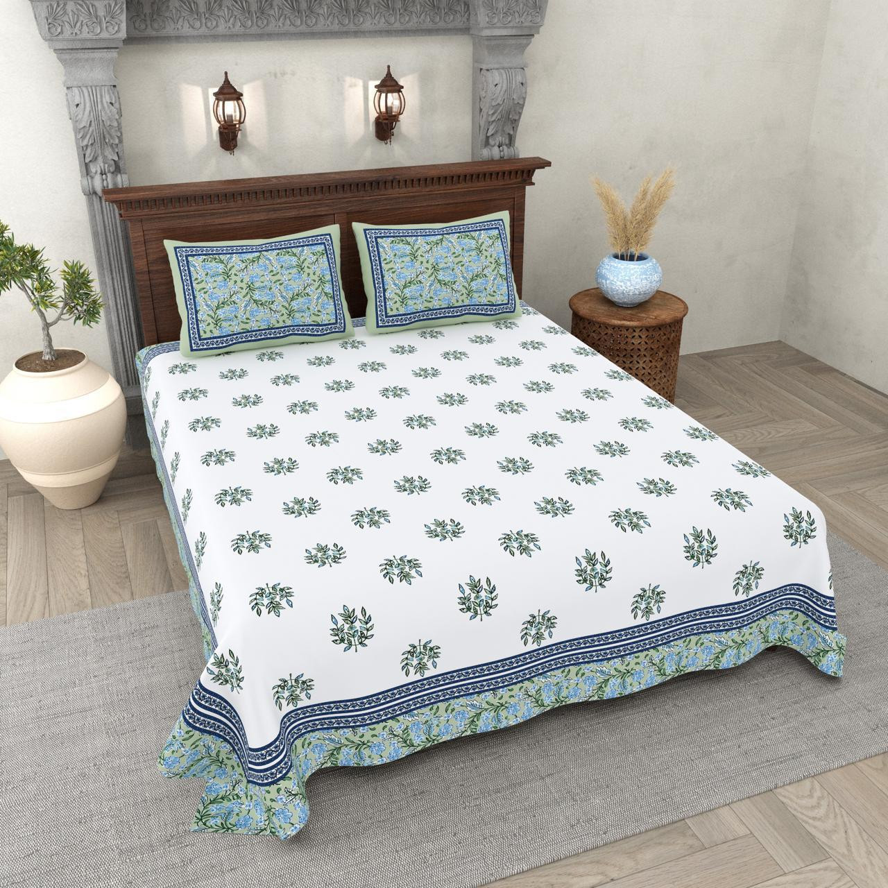 Floral Handblock Style Cotton Double Bedsheet White with Blue  Green Border Traditional Indian Print