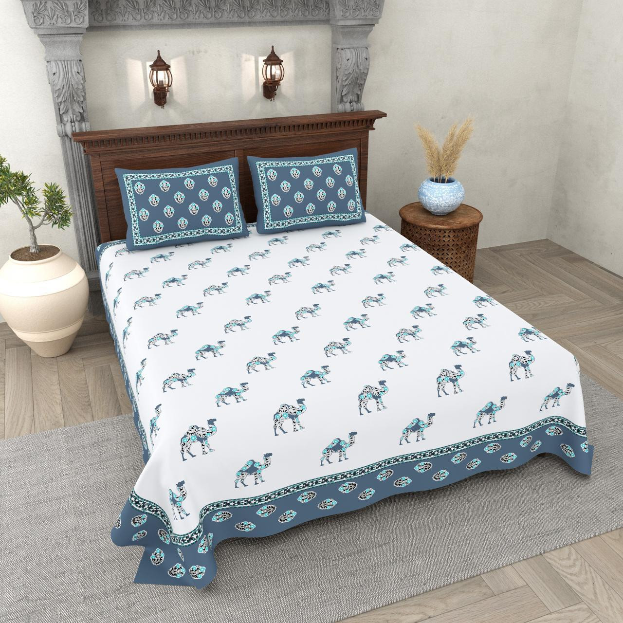 Camel Motif Handblock Style Cotton Double Bedsheet White with Indigo Blue Border Traditional Rajasthani Print