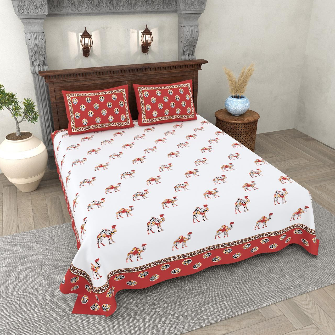 Camel Motif Handblock Style Cotton Double Bedsheet White with Red Border Traditional Rajasthani Print