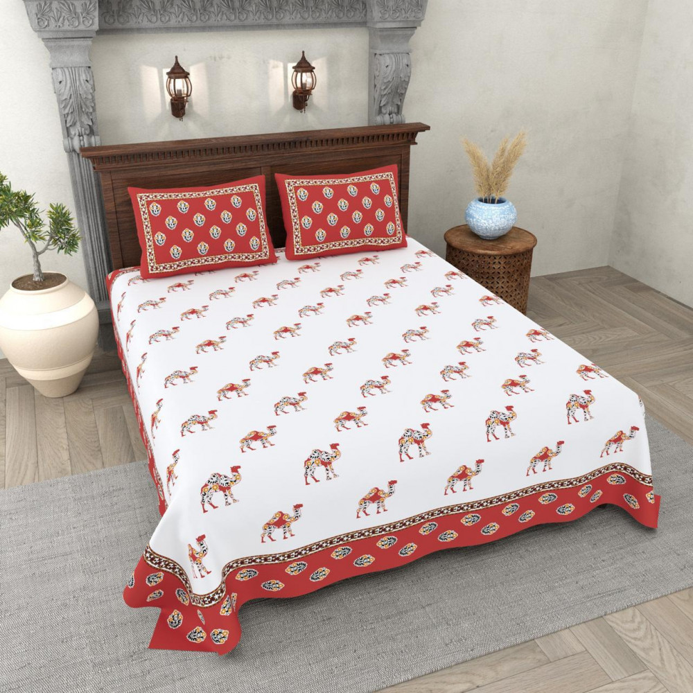 Image of Camel Motif Handblock Style Cotton Double Bedsheet White with Red Border Traditional Rajasthani Print
