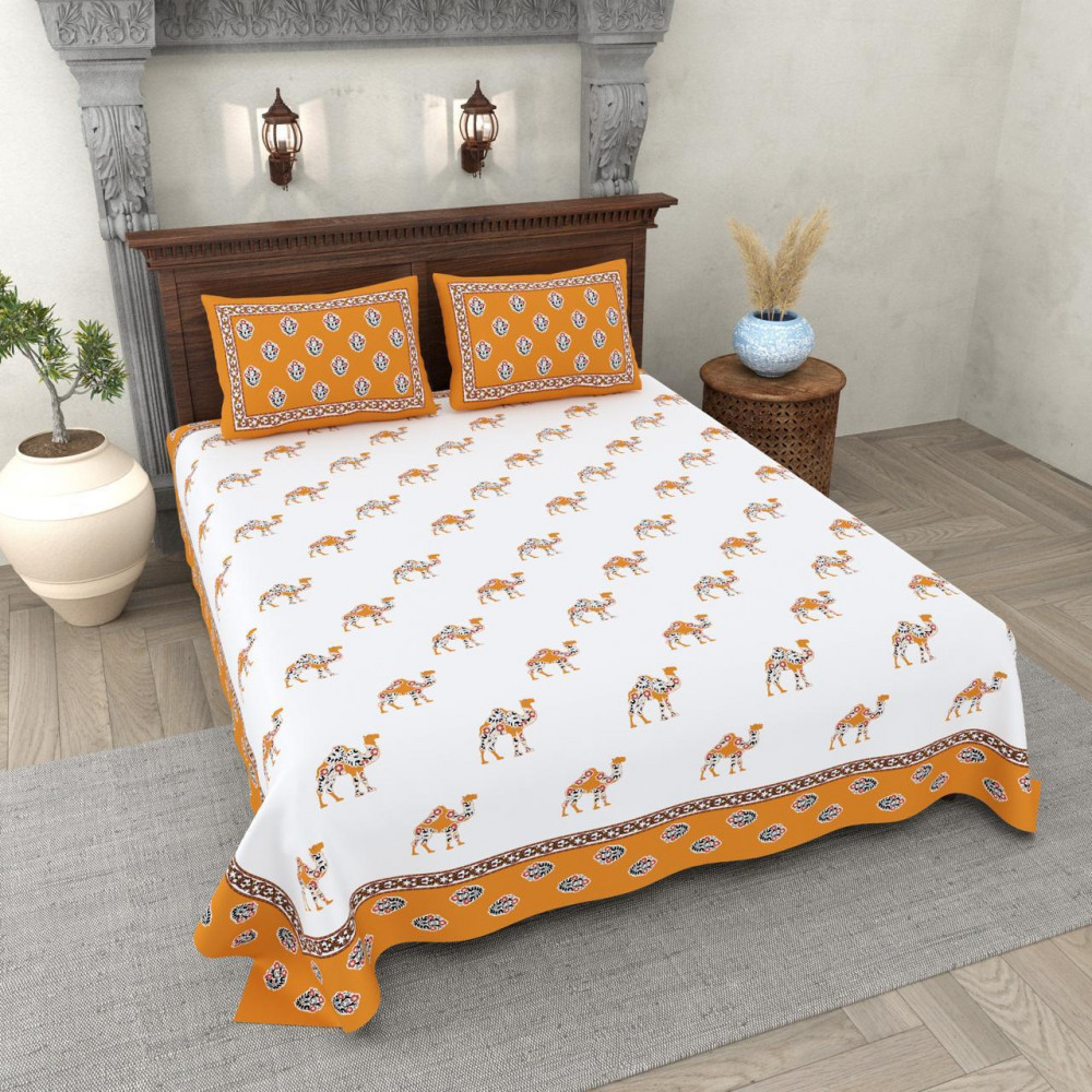 Image of Camel Motif Handblock Style Cotton Double Bedsheet White with Mustard Yellow Border Rajasthani Jaipuri Print