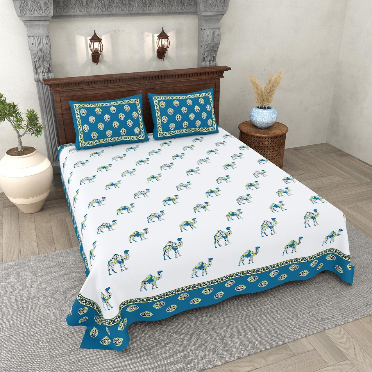 Camel Motif Handblock Style Cotton Double Bedsheet White with Teal Blue Border Rajasthani Jaipuri Print