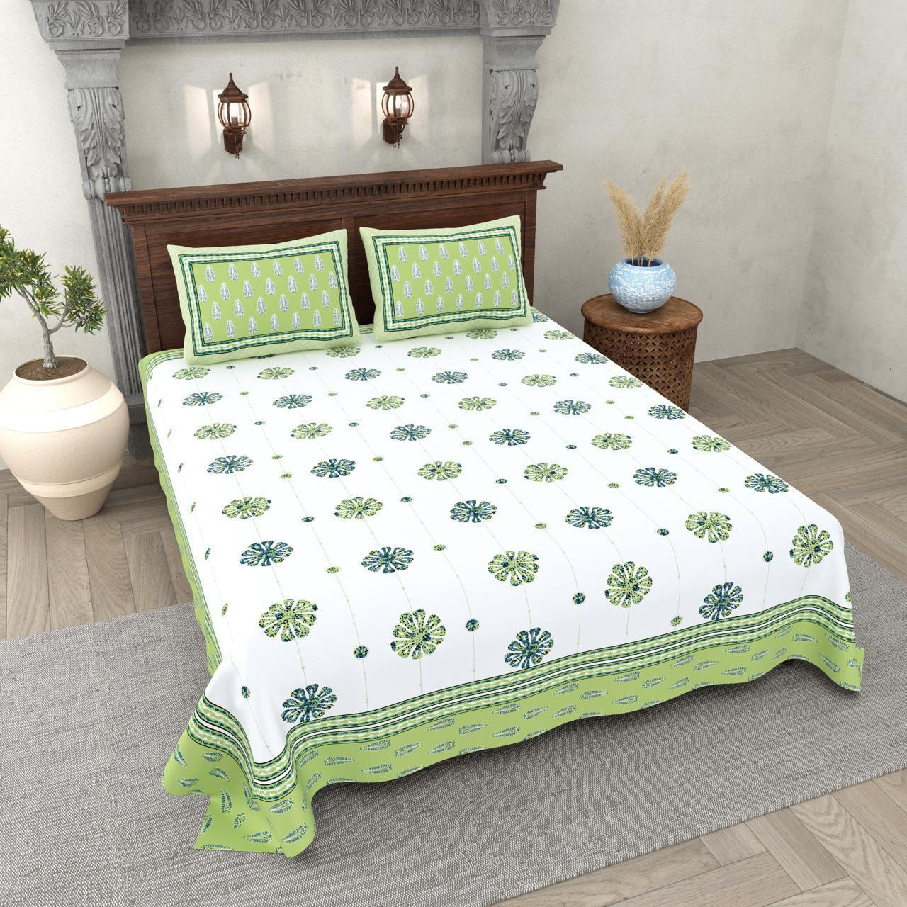 Floral Motif Handblock Style Cotton Double Bedsheet White with Green Border Jaipuri Print