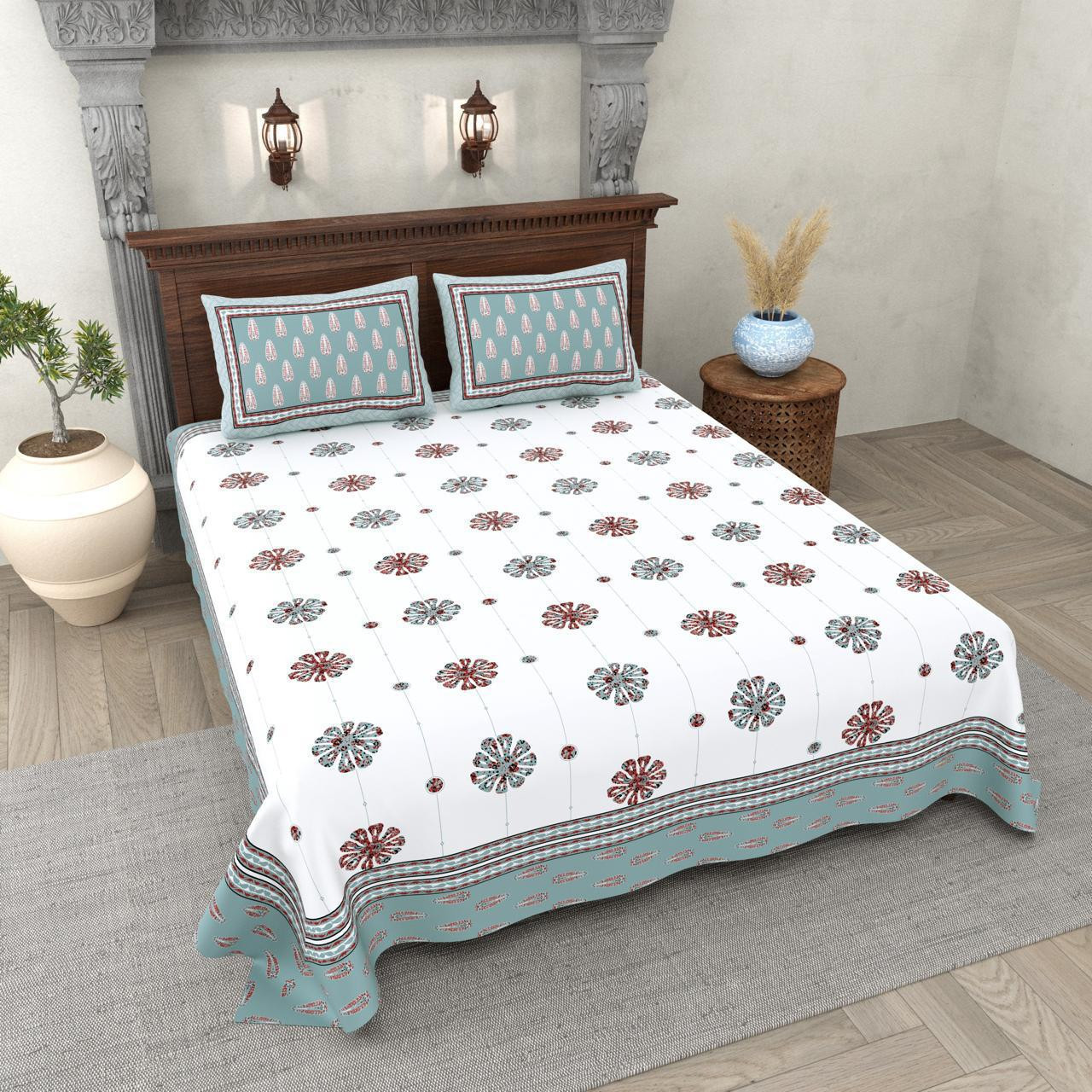 Floral Medallion Print Cotton Double Bedsheet White with Teal Blue Border Jaipuri Design
