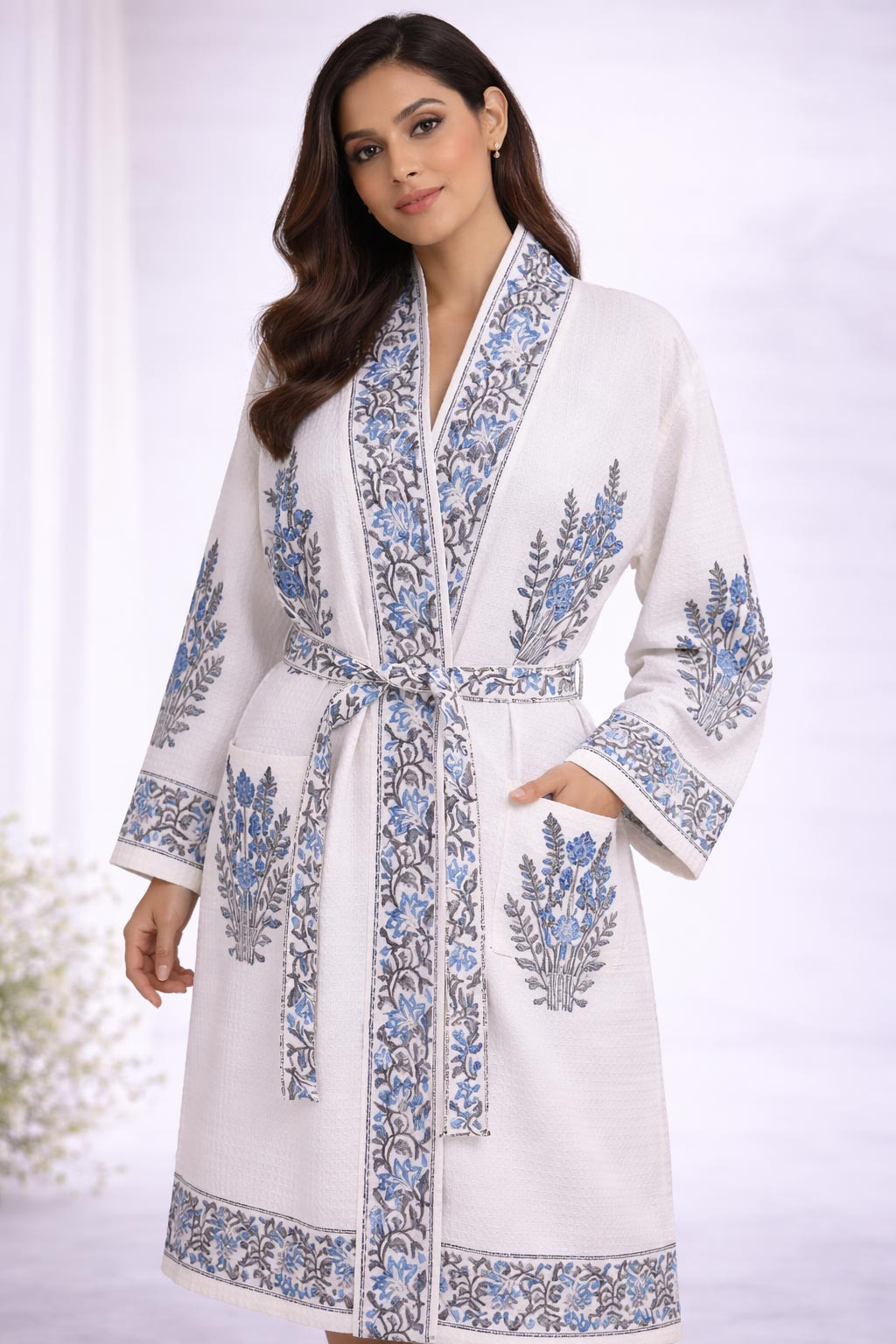 Sameera Floral Hand Block Print Bathrobe in Waffle Cotton with Tie Belt