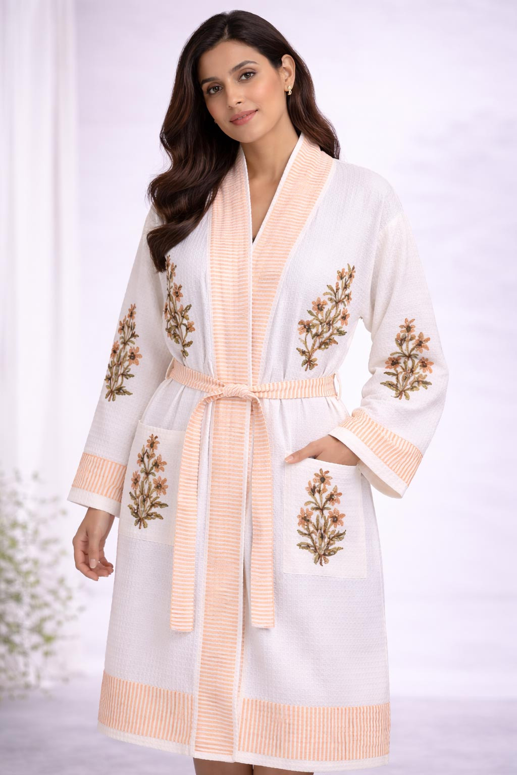 Sameera Floral Hand Block Print Bathrobe in Waffle Cotton with Tie Belt