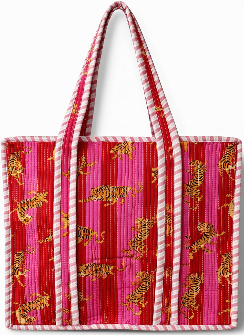 Handcrafted Quilted Cotton Tote Bag with Tiger Print