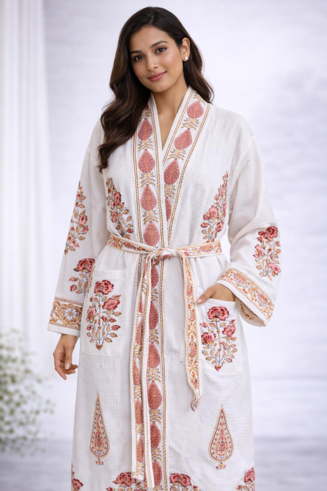 Image of Sameera Floral Hand Block Print Bathrobe in Waffle Cotton with Tie Belt