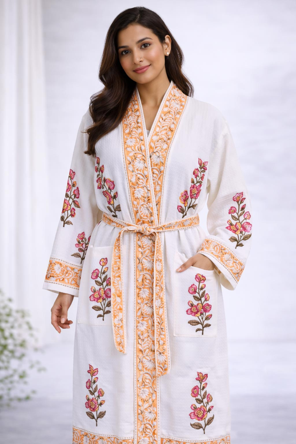 Sameera Floral Hand Block Print Bathrobe in Waffle Cotton with Tie Belt