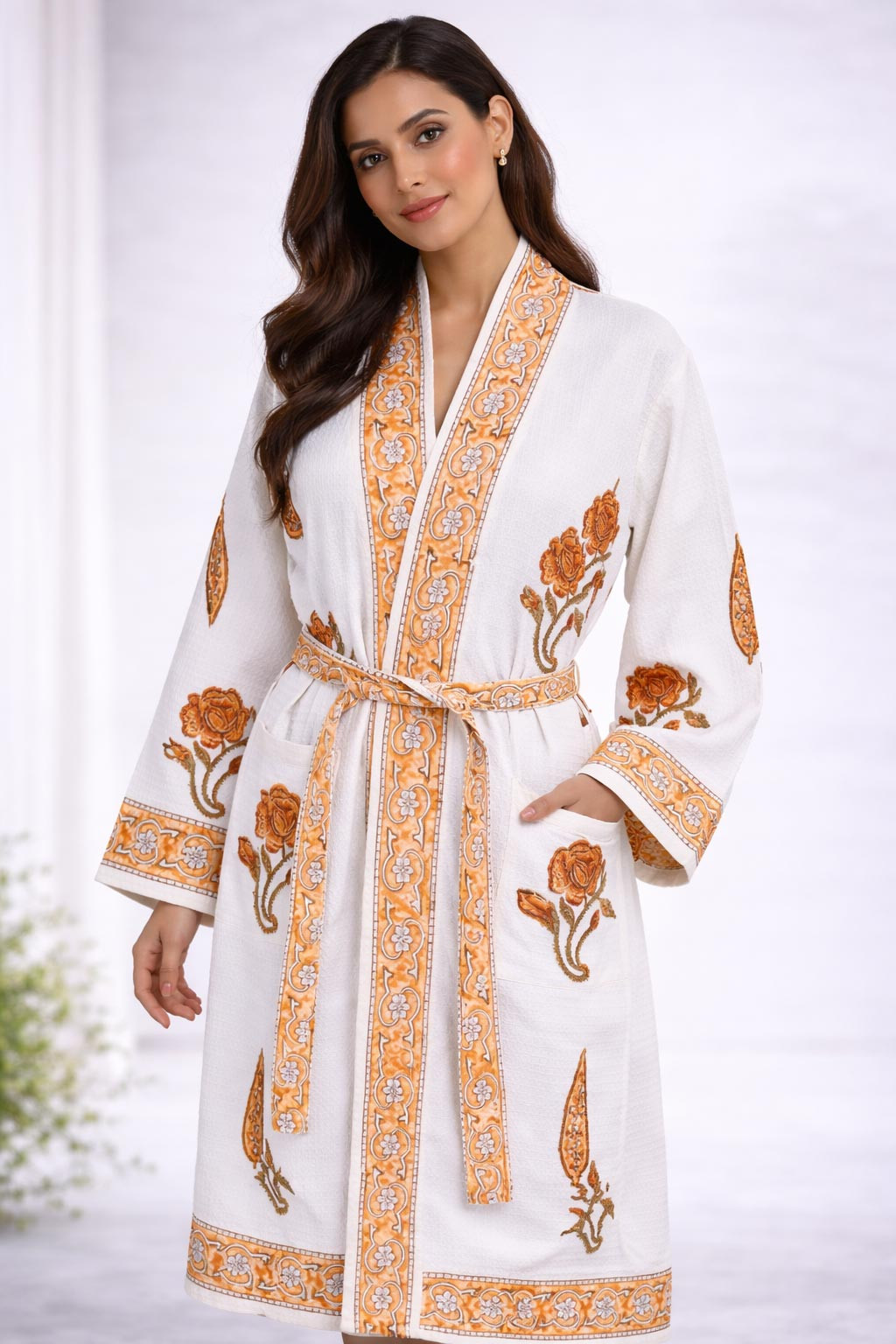 Sameera Floral Hand Block Print Bathrobe in Waffle Cotton with Tie Belt