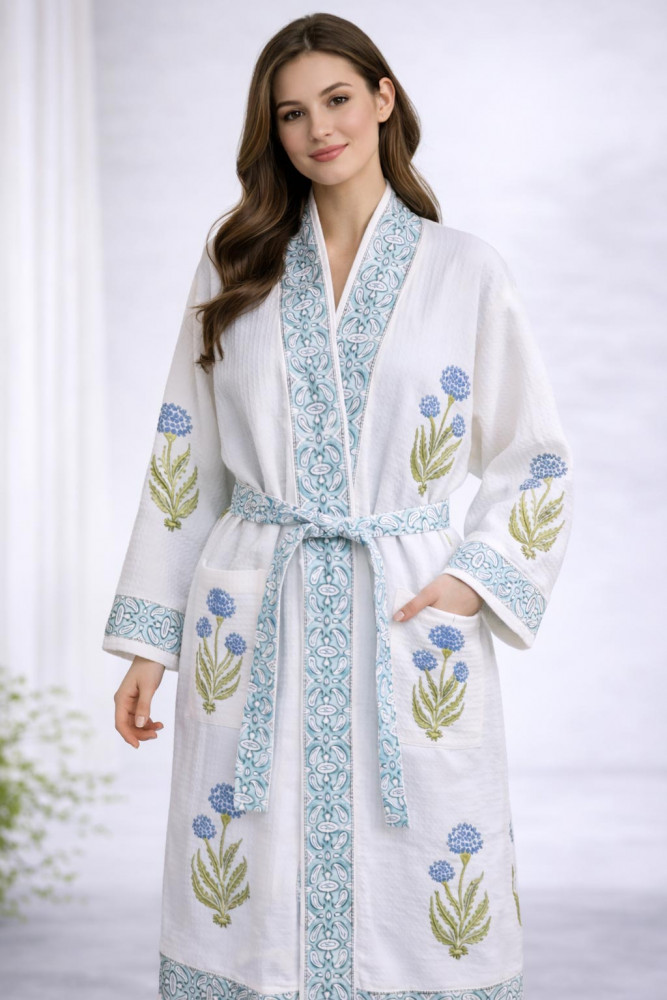 Image of Sameera Floral Hand Block Print Bathrobe in Waffle Cotton with Tie Belt