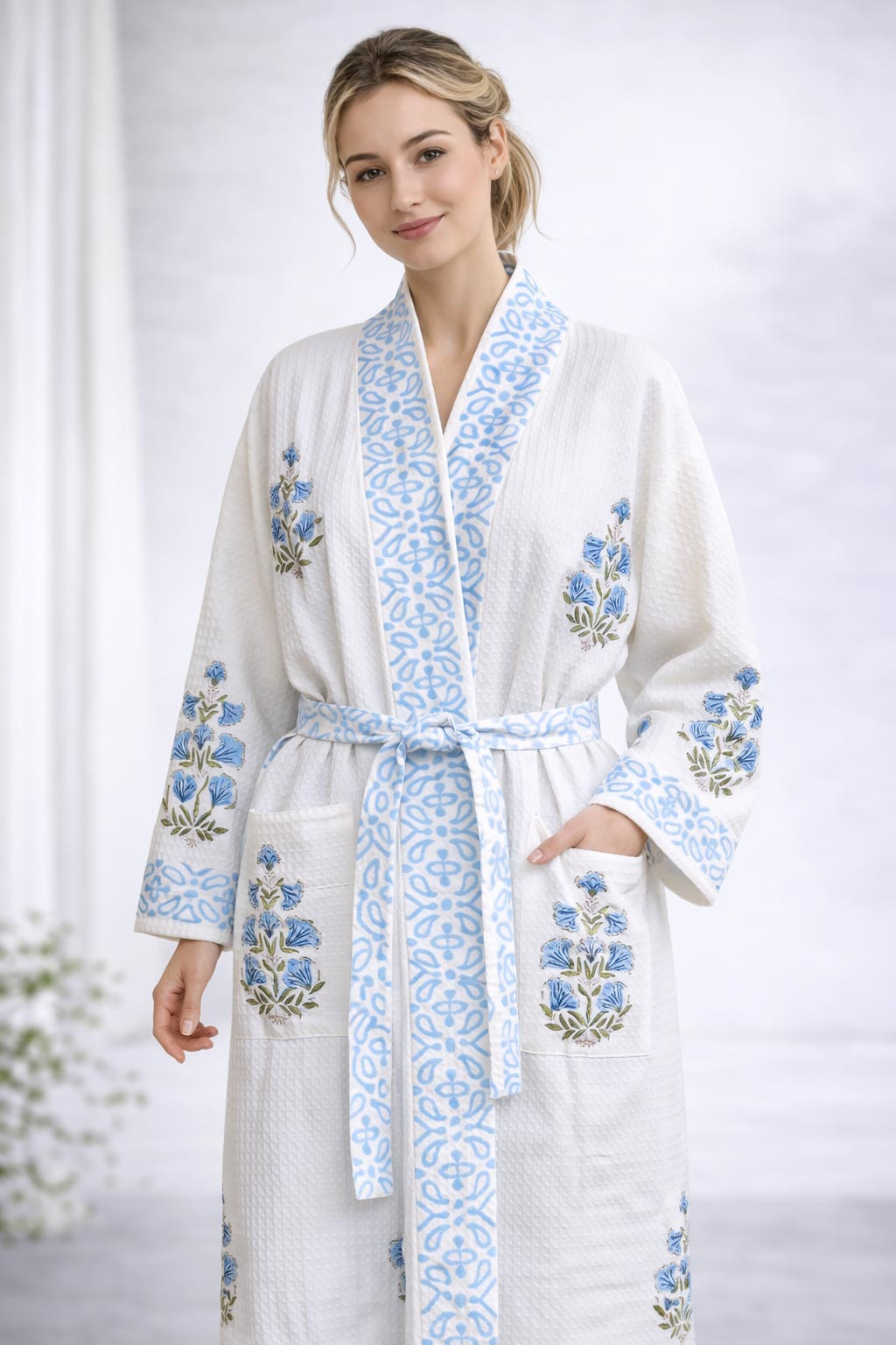 Sameera Floral Hand Block Print Bathrobe in Waffle Cotton with Tie Belt