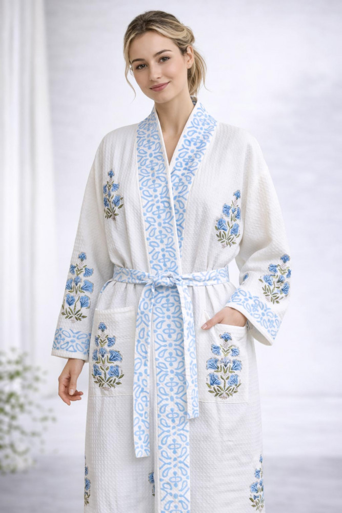 Image of Sameera Floral Hand Block Print Bathrobe in Waffle Cotton with Tie Belt