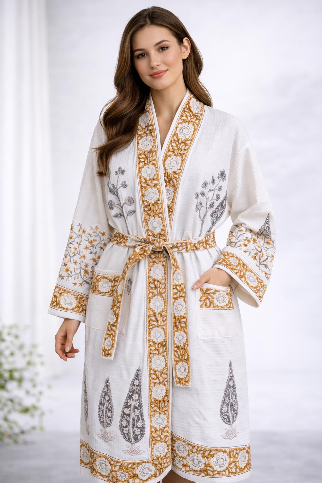 Sameera Floral Hand Block Print Bathrobe in Waffle Cotton with Tie Belt