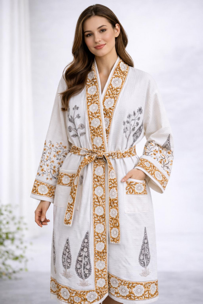Image of Sameera Floral Hand Block Print Bathrobe in Waffle Cotton with Tie Belt