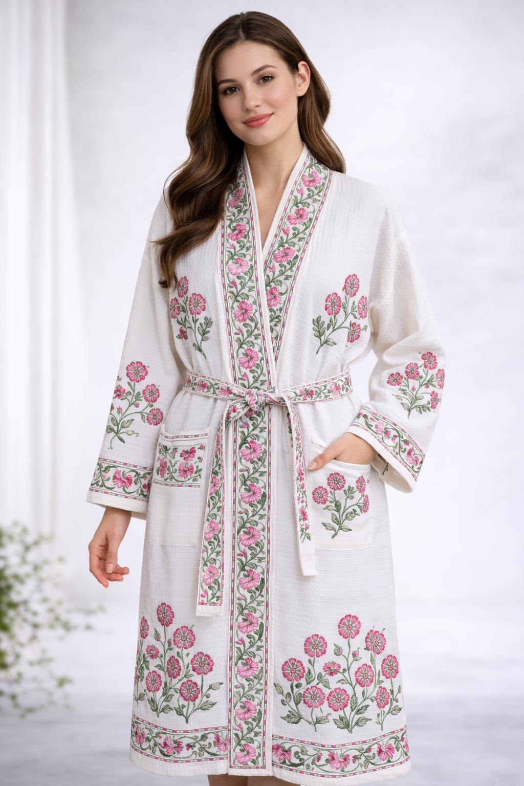 Sameera Floral Hand Block Print Bathrobe in Waffle Cotton with Tie Belt