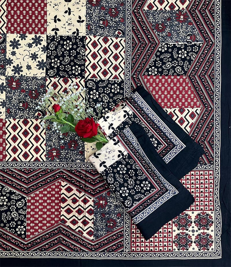 Kalamkari Print Double Bedsheet  Pure Cotton  Black Maroon  Beige