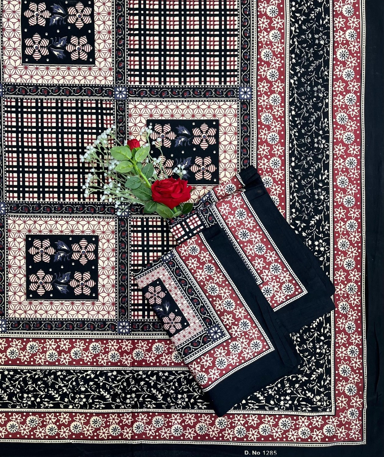 Kalamkari Print Double Bedsheet  Pure Cotton Black Maroon  Ivory Floral Checks