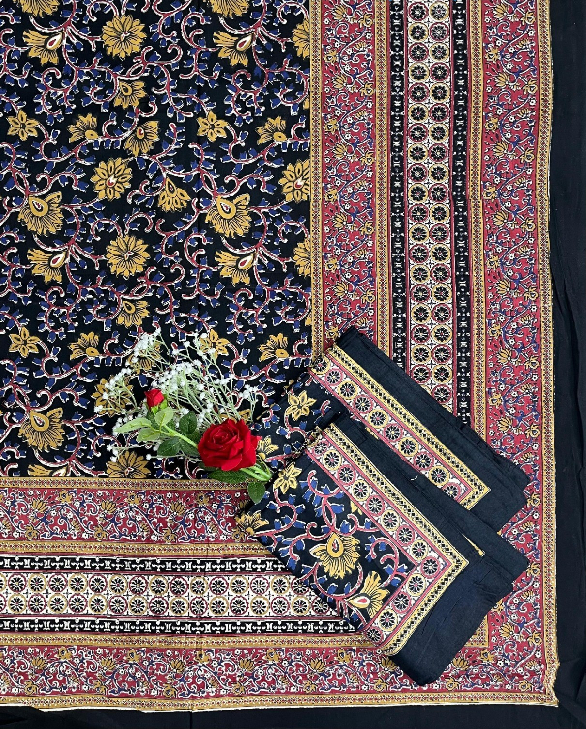 Kalamkari Print Double Bedsheet  Pure Cotton  Navy Blue Mustard Yellow Maroon Floral Design