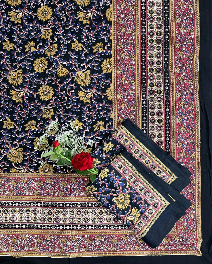 Image of Kalamkari Print Double Bedsheet – Pure Cotton | Navy Blue, Mustard Yellow, Maroon Floral Design