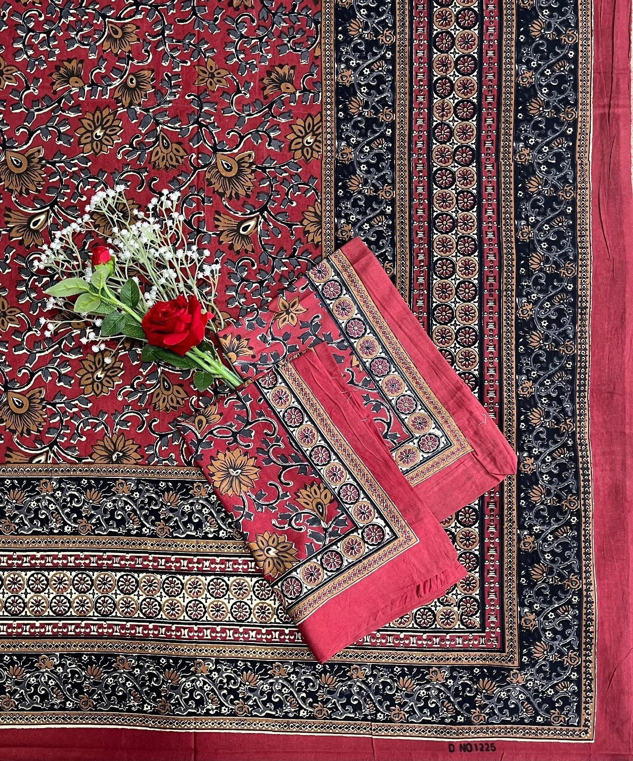 Kalamkari Print Double Bedsheet  Pure Cotton  Deep Red Black Beige Floral Motifs