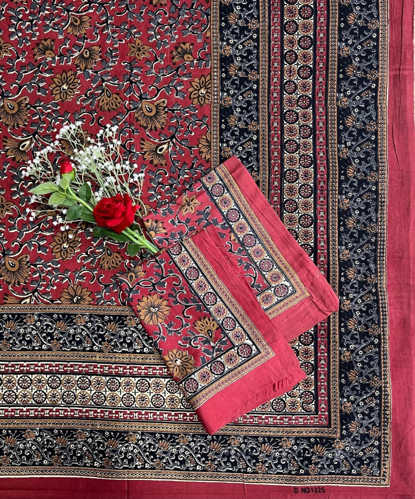 Image of Kalamkari Print Double Bedsheet – Pure Cotton | Deep Red, Black, Beige Floral Motifs