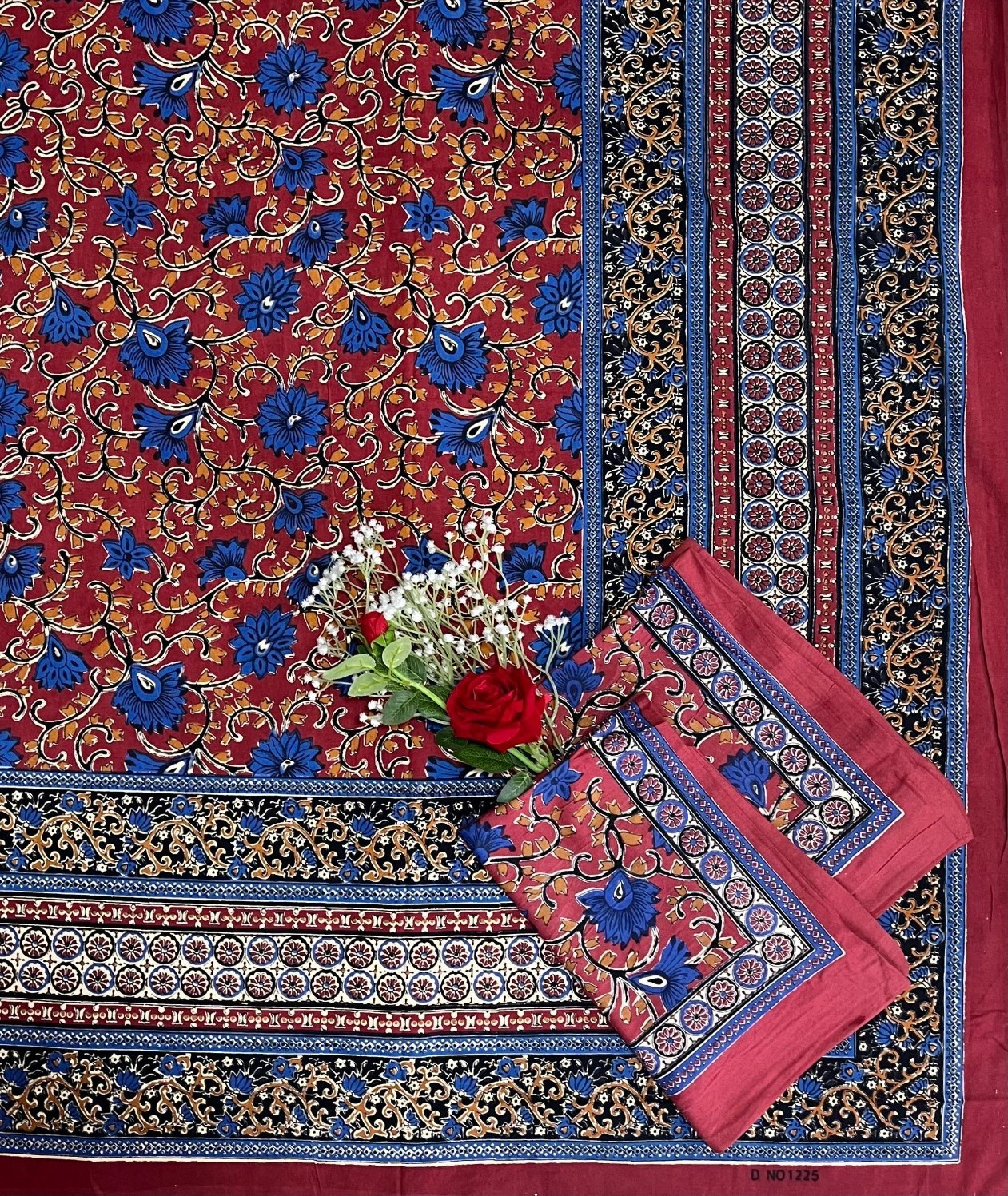 Kalamkari Print Double Bedsheet  Pure Cotton  Brick Red Royal Blue Beige Floral Vines