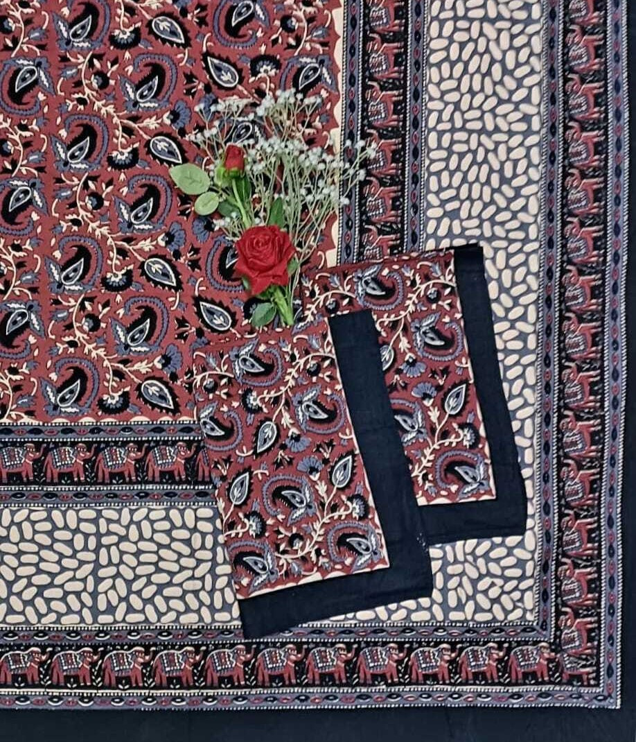 Kalamkari Print Double Bedsheet Pure Cotton  Rust Maroon Black Ivory Paisley Motifs