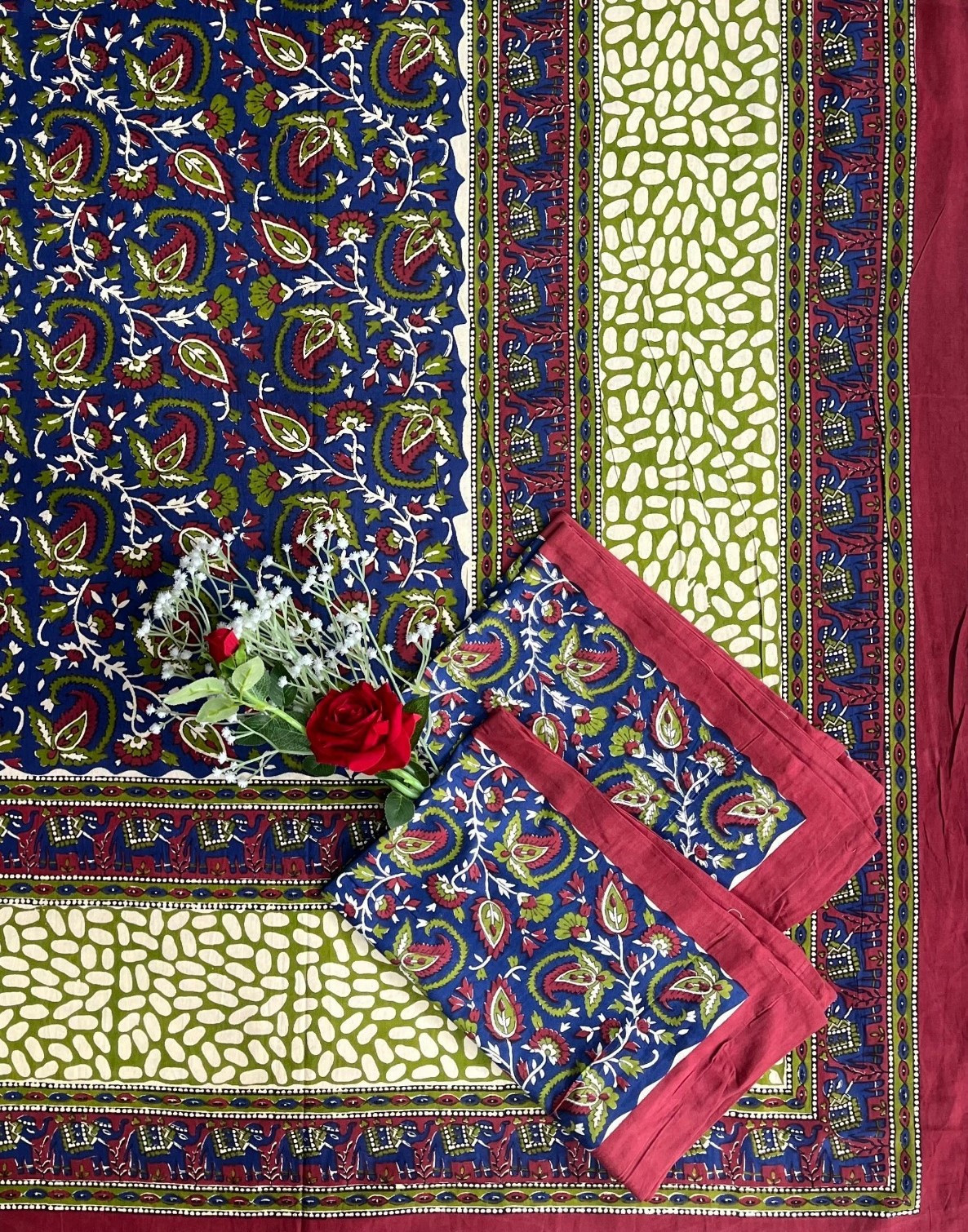 Kalamkari Print Double Bedsheet  Pure Cotton  Royal Blue Olive Green Maroon Paisley Motifs