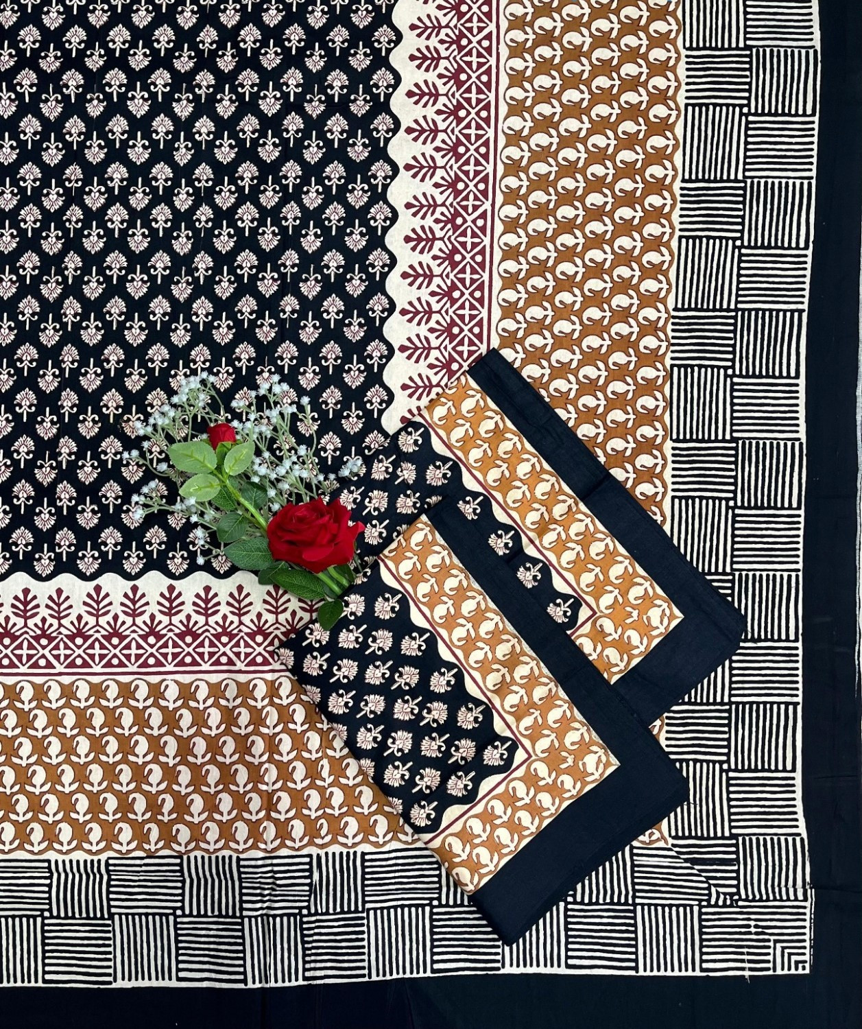 Kalamkari Print Double Bedsheet  Pure Cotton  Black Mustard Yellow Ivory Ethnic Motifs