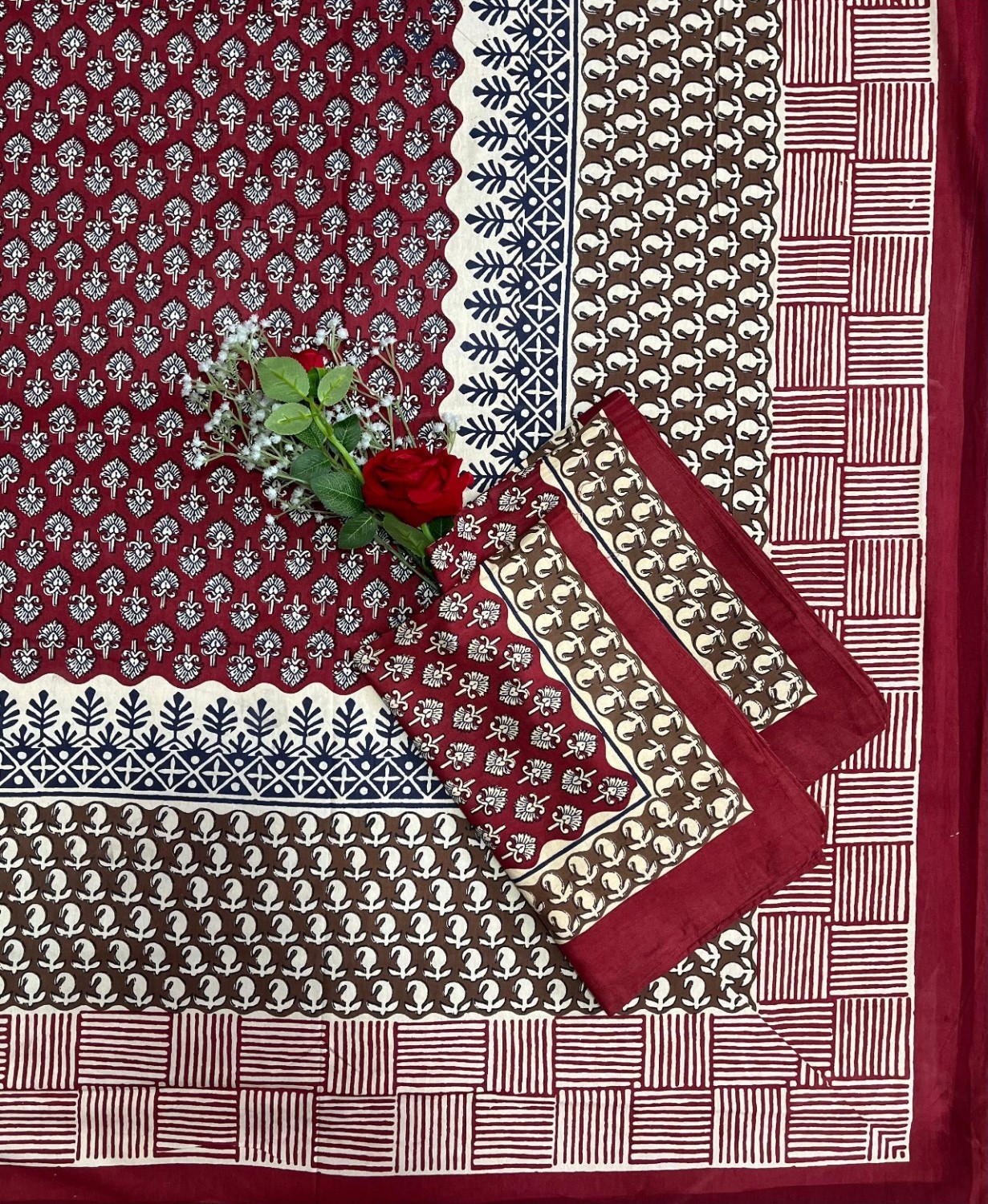 Kalamkari Print Double Bedsheet  Pure Cotton  Deep Red Beige White Ethnic Motifs