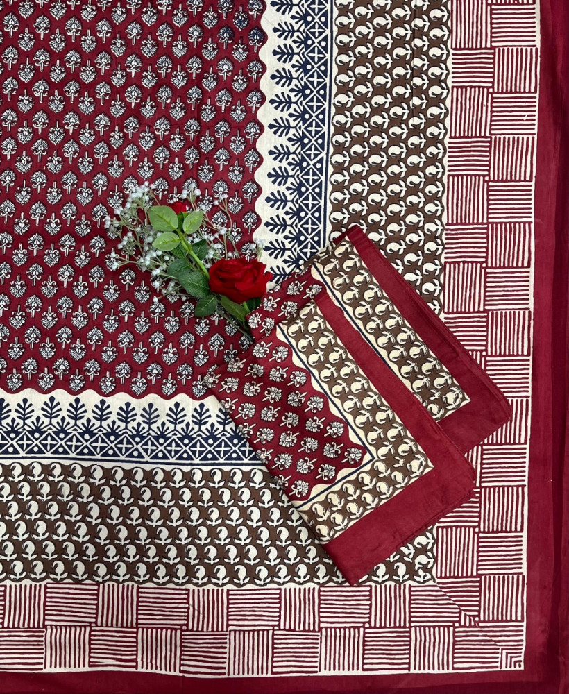 Image of Kalamkari Print Double Bedsheet – Pure Cotton | Deep Red, Beige, White Ethnic Motifs