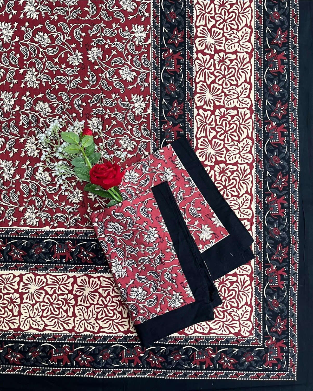 Kalamkari Print Double Bedsheet  Pure Cotton  Brick Red Black Ivory Floral Motifs